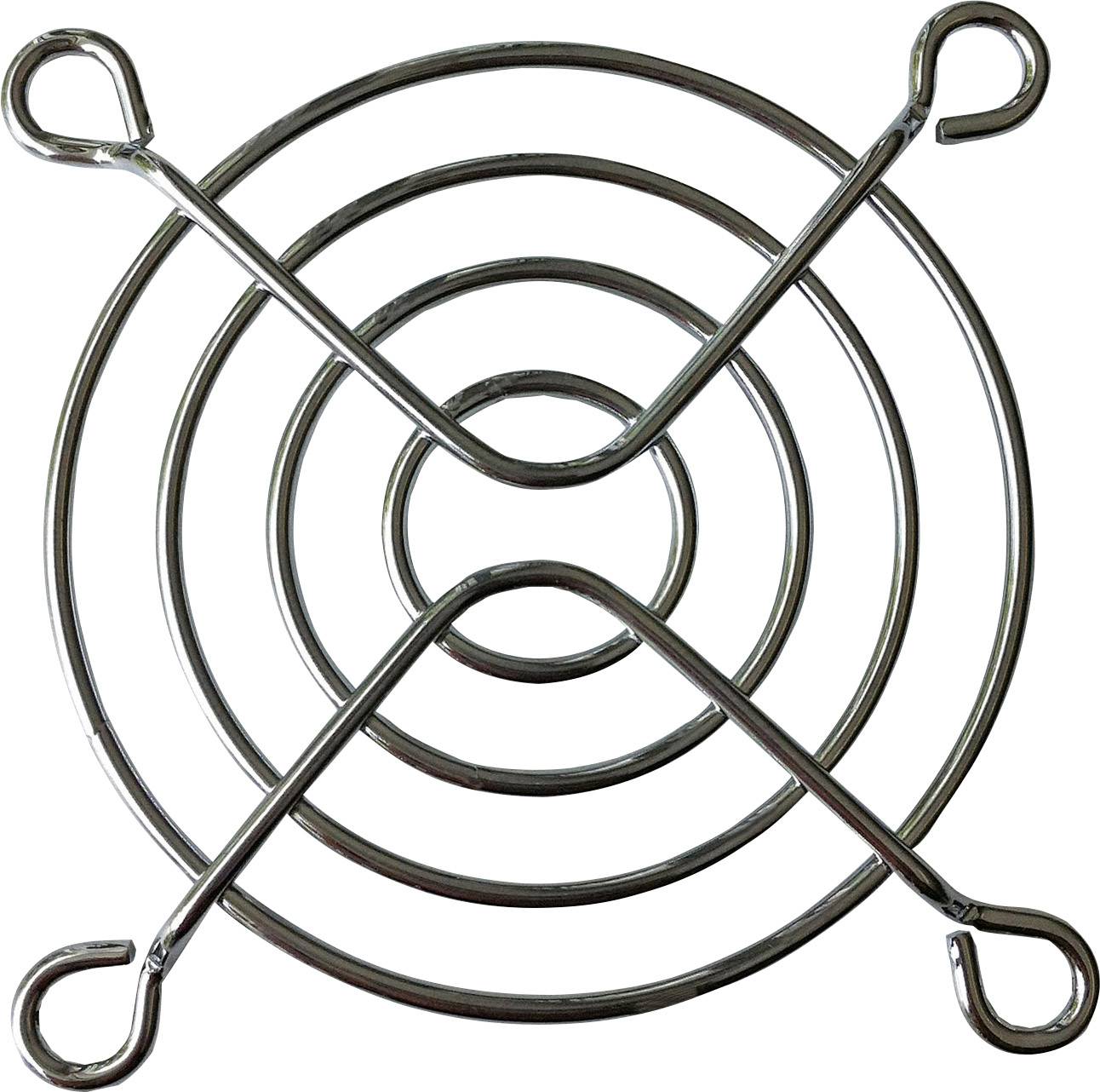 Circular metal mesh in a spiral pattern with four mounting loops at the corners for installation on a fan or device.