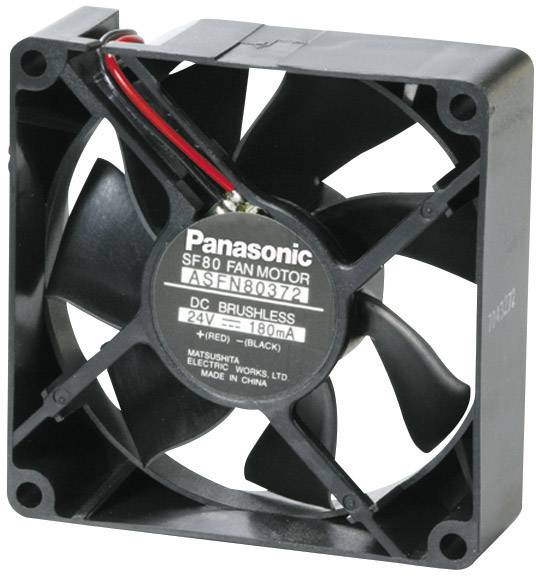 A black, square ventilator with the inscription 'Panasonic SF80 Fan Motor', operated with 24V, DC Brushless.