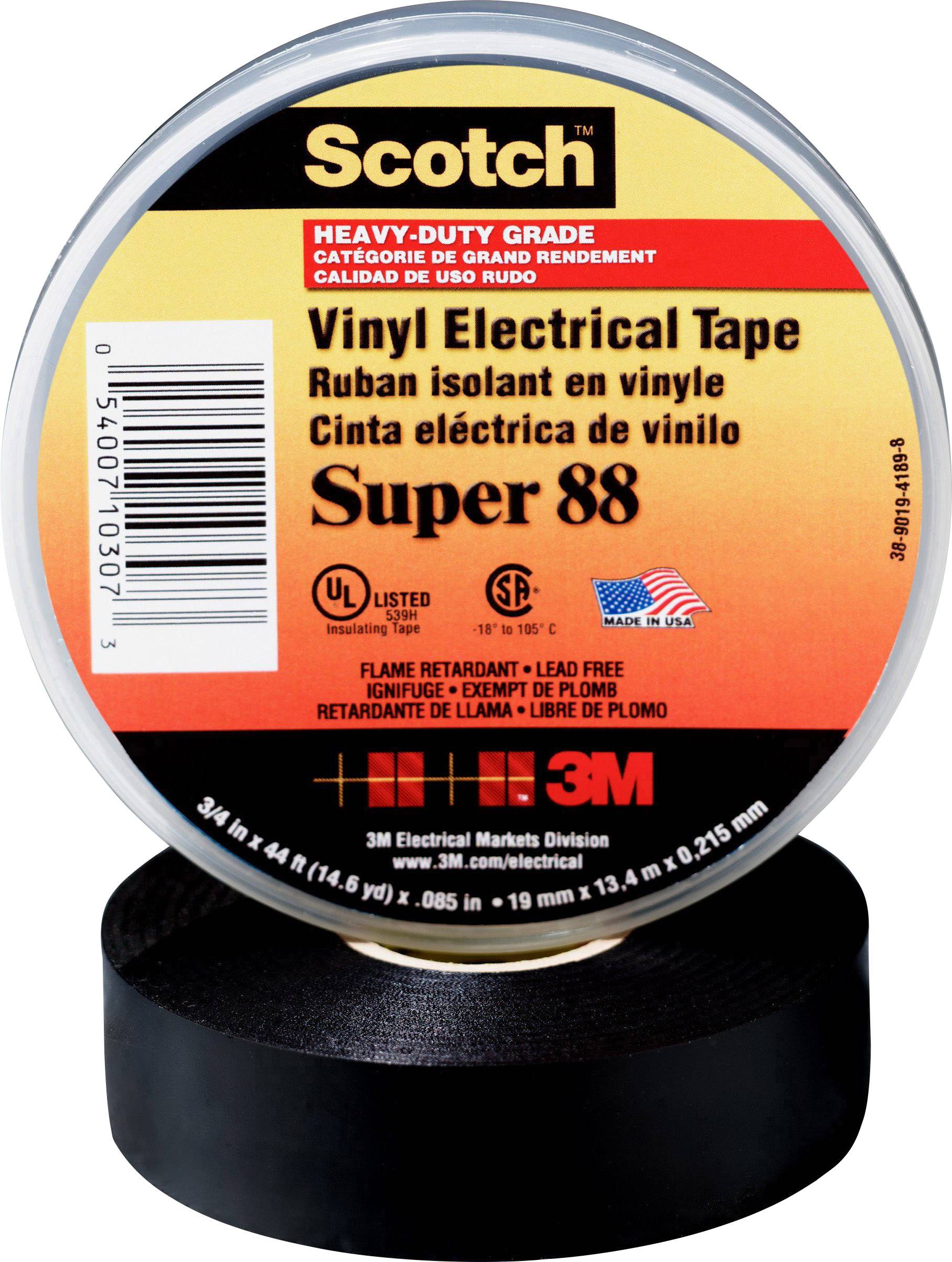 Black vinyl electrical insulating tape by Scotch, Model Super 88, flame-retardant and lead-free, suitable for electrical applications.