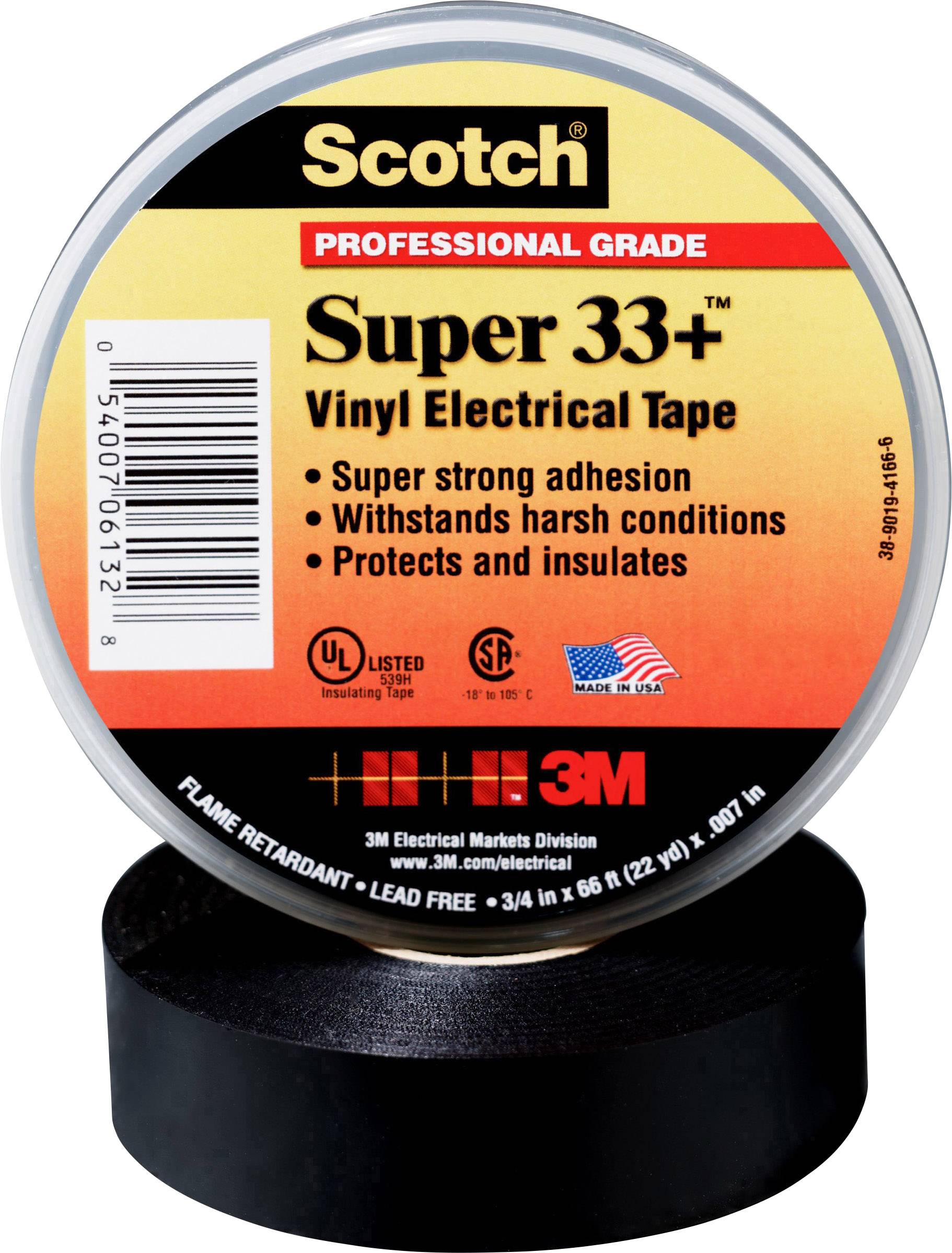 A roll of black electrical vinyl tape 'Scotch Super 33+', professional quality, with strong adhesion and insulation.