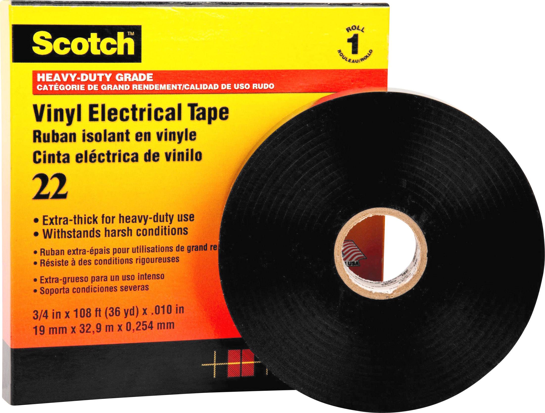 Black heating adhesive tape by Scotch, extra thick for high stress. Packaging shows size: 3/4 in x 108 ft.
