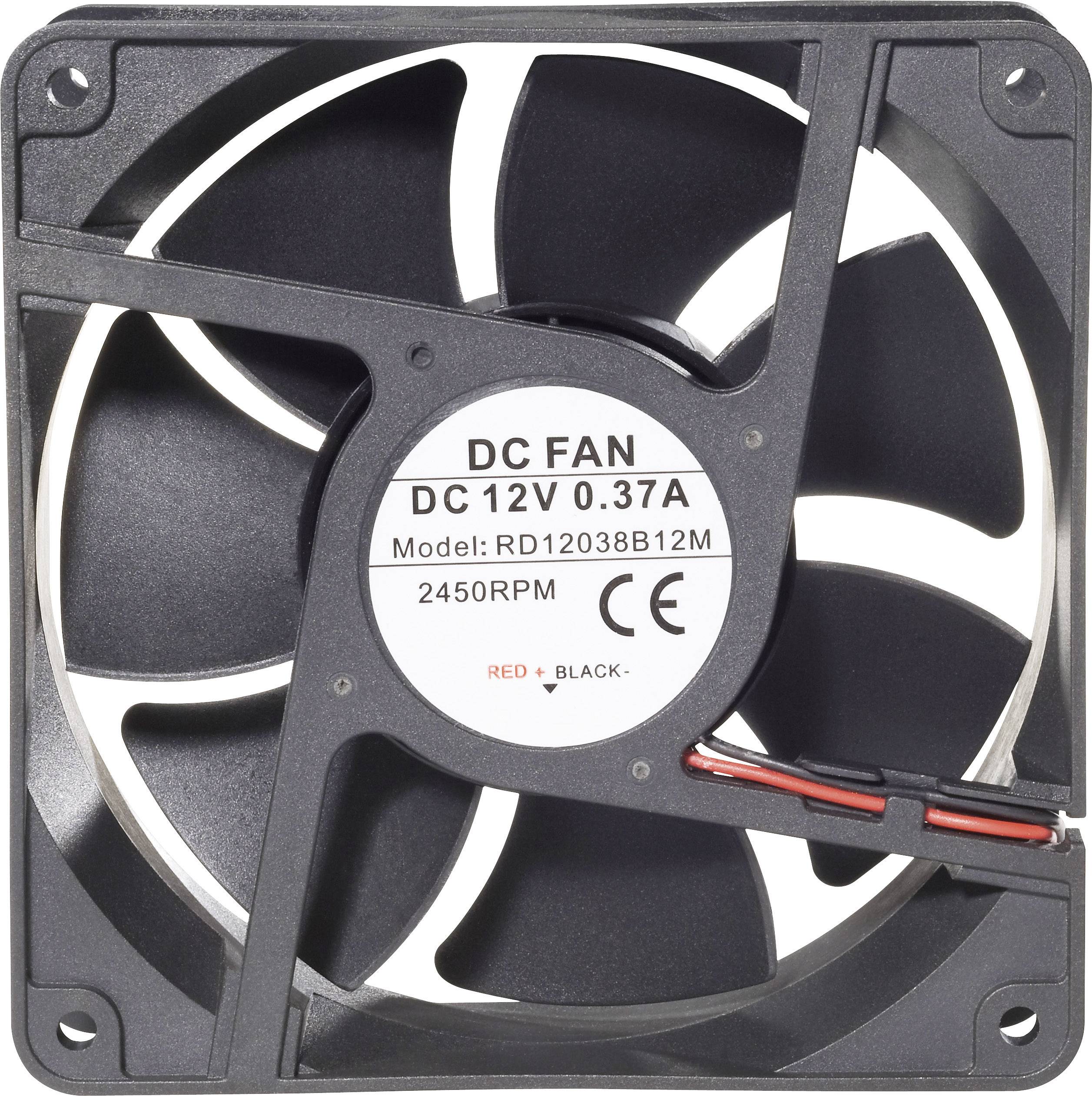 A black DC fan with the marking 'DC 12V 0.37A'. Model number: RD12038B12M, 2450 RPM. Red and black cables are visible.