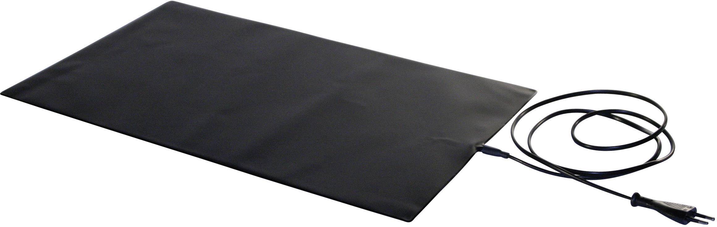 Black heating mat with cable for plants to control temperature in a greenhouse or propagation area.