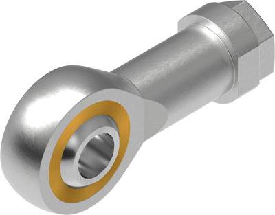 A silver ball socket with a yellow inner ring. Used in mechanical applications for joint connections.