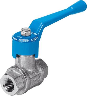 A silver ball valve with a blue lever handle, used for regulating liquid or gas flows in pipe systems.