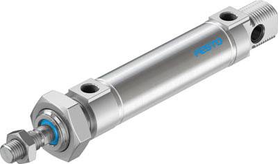 Metal cylinder with blue 'Festo' inscription, two connection openings.