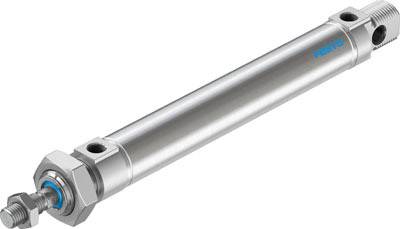 Metal cylinder with threaded connections at both ends, used in automated pneumatic systems.