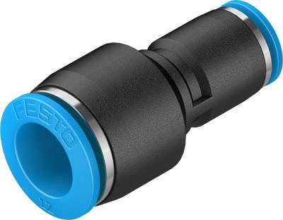 Black and blue pneumatic connector from Festo. Used for compressed air applications to securely connect hoses.