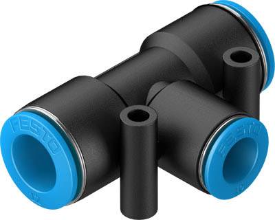 T-shaped pneumatic connector with blue connection rings and black body, used for connecting hoses in compressed air systems.