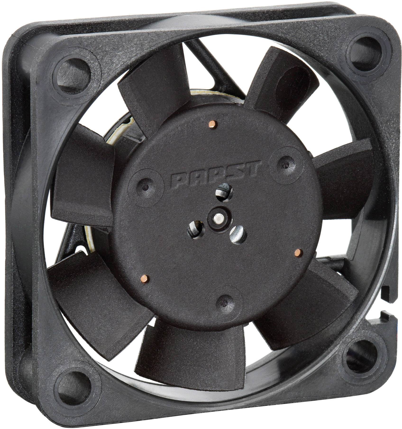 A black computer fan with seven blades in a square frame, pictured from the front.