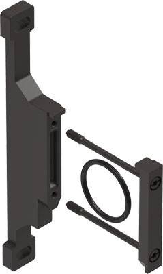 Black mounting set for electronic components, comprising a rectangular frame and screws, for secure installation.