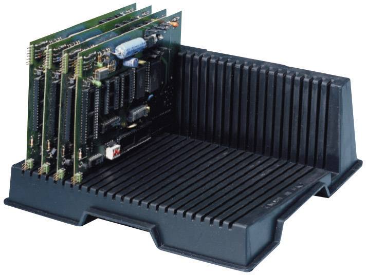 Several electronic circuit boards, vertically arranged in a black holder.