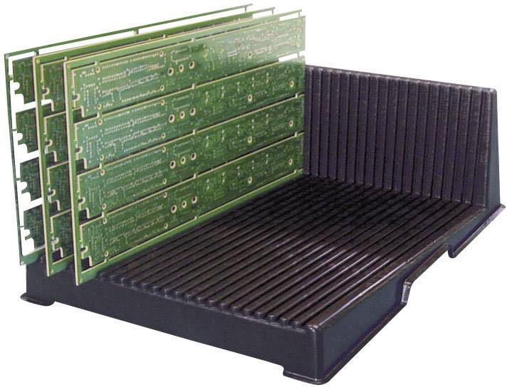 Several green printed circuit boards (PCBs) stand vertically in a black plastic holder, which separates and protects the circuit boards.