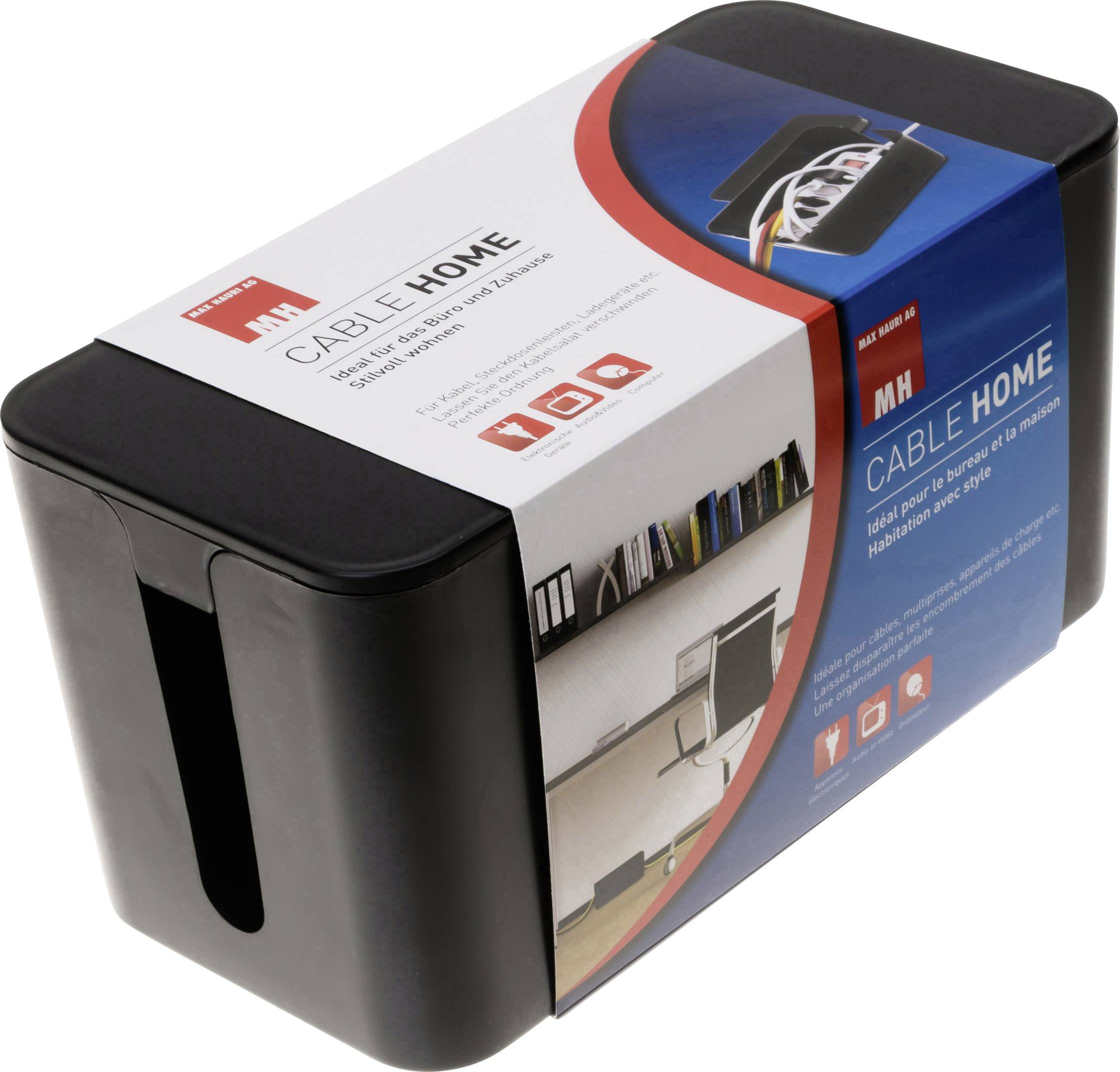 Black cable box with removable lid, packaged in a cardboard box with illustrations and text 'CABLE HOME' for cable management.