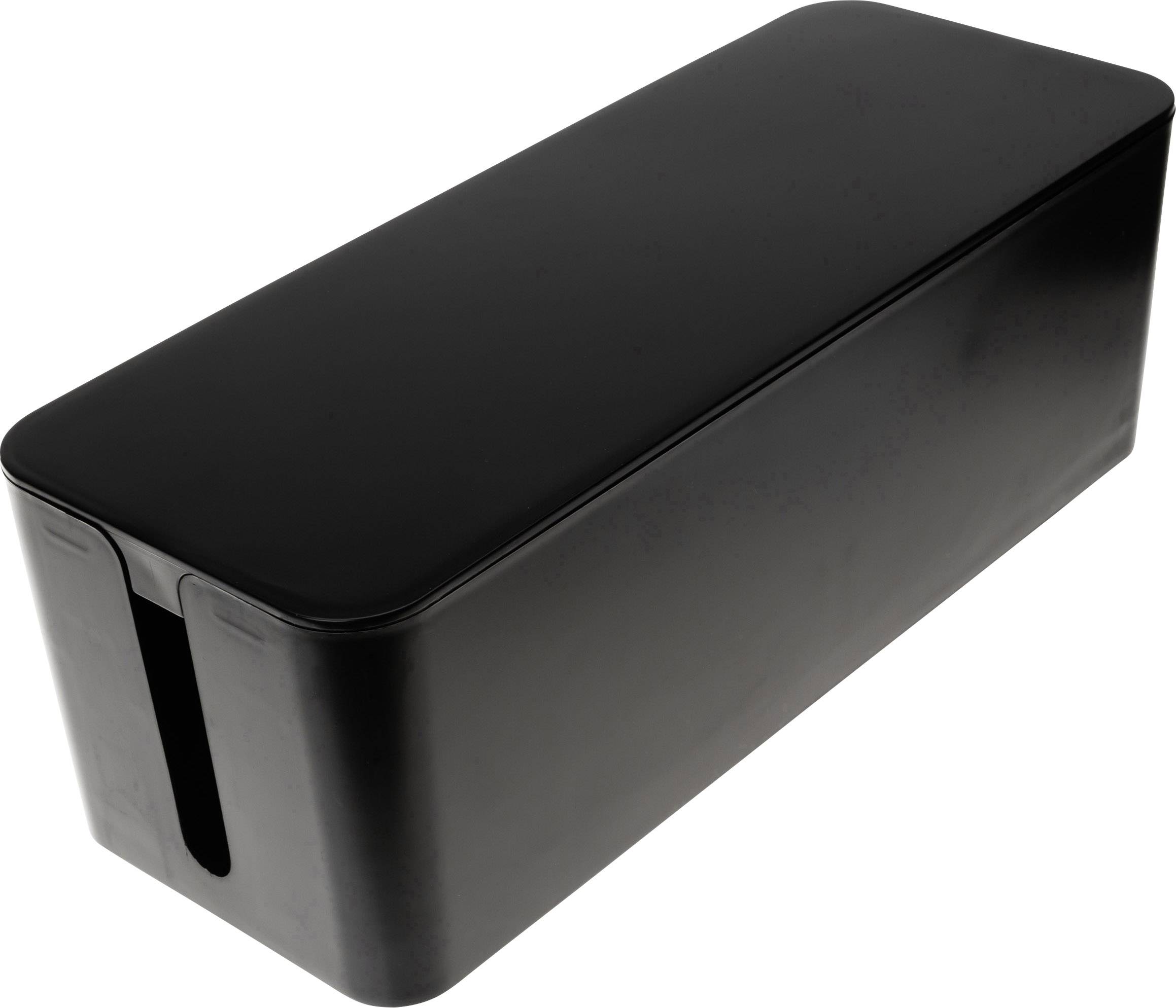 Black cable storage box for organising and tidying cables, rectangular shape, with a slot for routing cables.