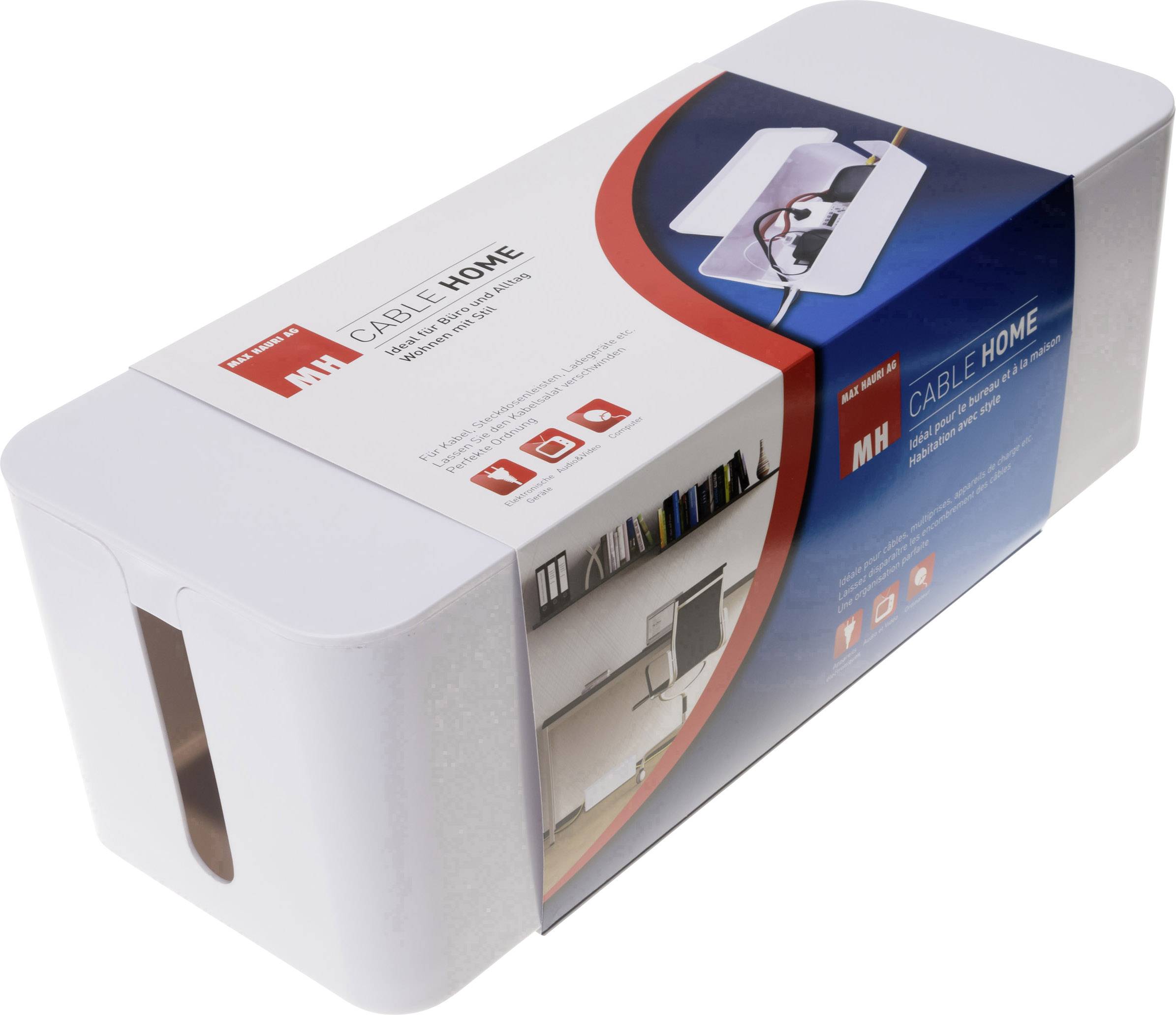 Cable Management Box with Removable Lid, Conceals and Organises Cables. Packaging Shows Application with Tidy Desk.