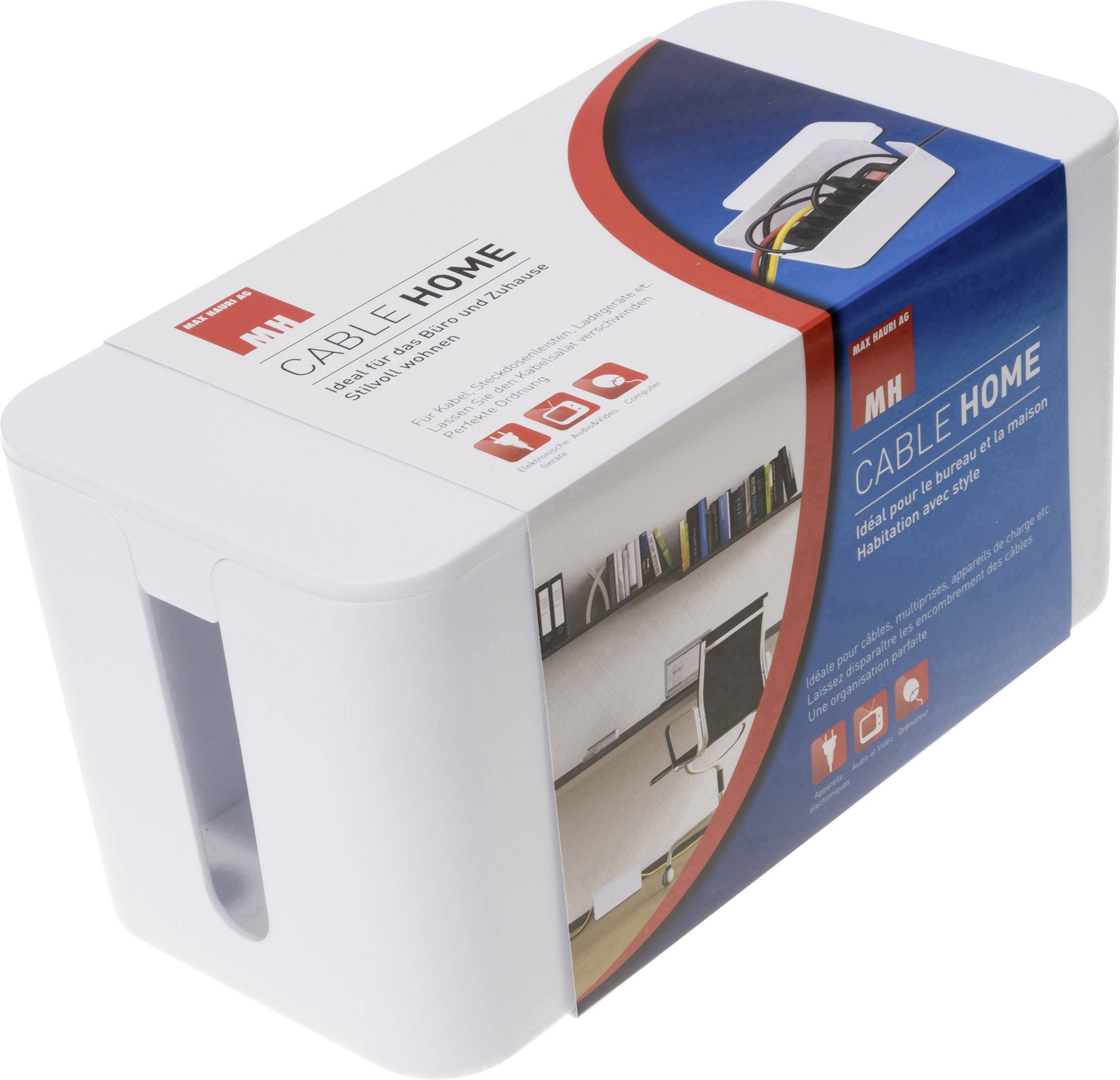 Cable Management Box packaging with logo and photograph of a desk. Text explains cable organisation for home offices and electronic devices.
