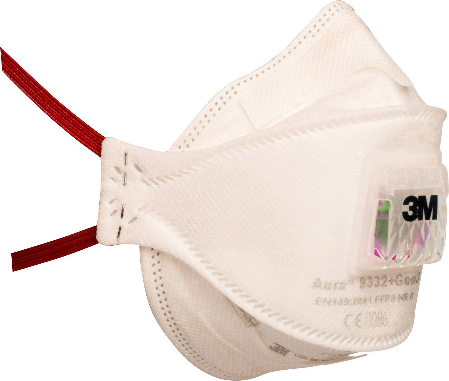 Protective face mask with red ribbon, model number 'Aura 9332+Gen3', by 3M. It provides respiratory protection, commonly used in medical or industrial environments.