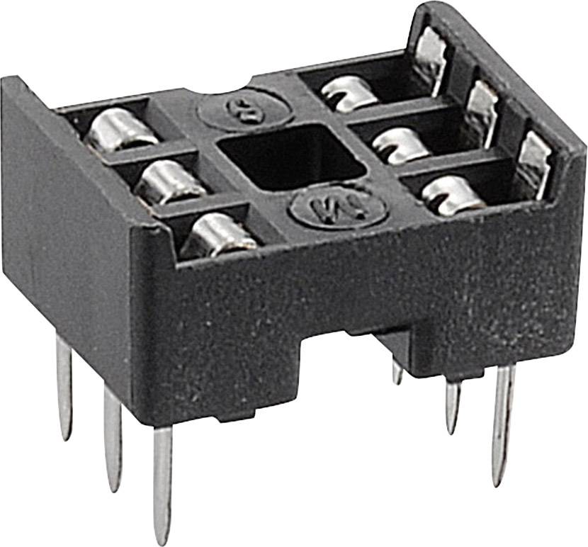 Image shows a black IC socket with eight metal pins, suitable for housing an integrated circuit.
