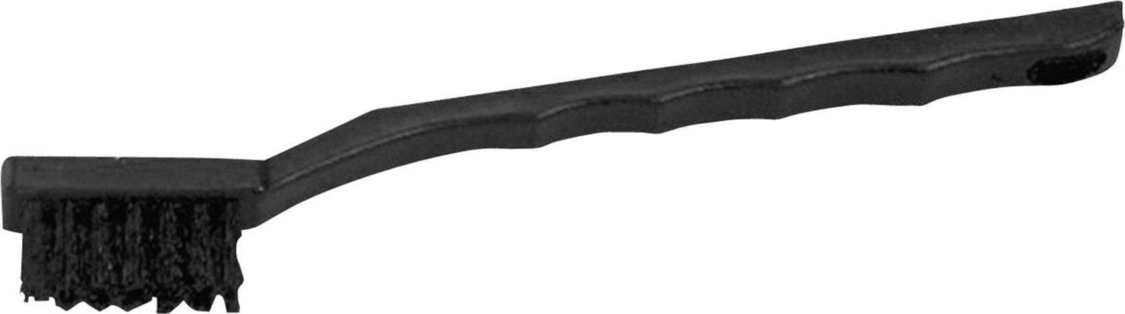 A black cleaning brush with a long, curved handle and dense bristles, suitable for small areas or hard-to-reach spots.