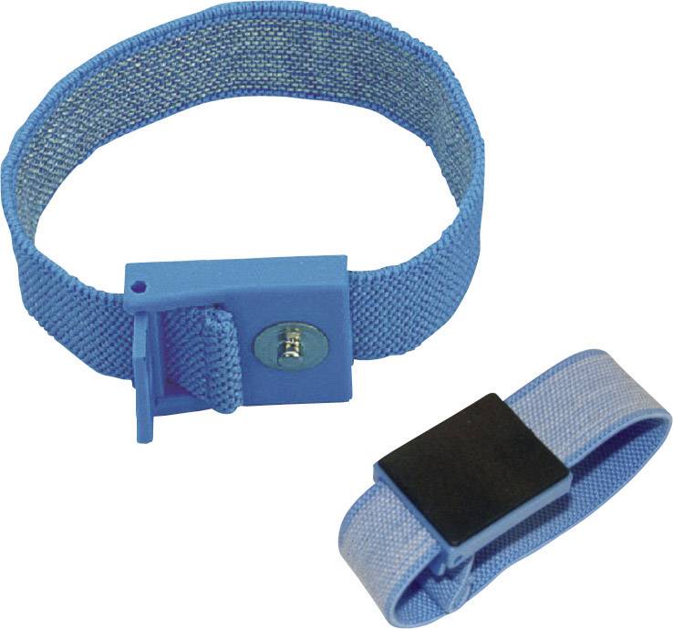 Two blue anti-static fabric wristbands. One open and one closed. They prevent electrostatic discharge.
