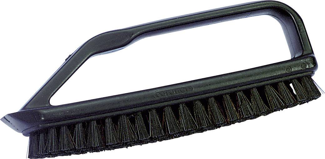 Black hand brush with ergonomic handle and stiff bristles. Suitable for cleaning surfaces.