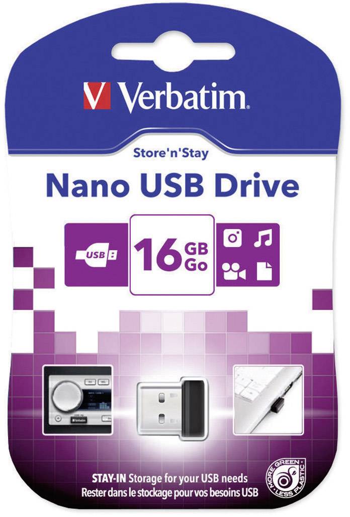 Nano USB Drive 'Verbatim' with 16 GB storage capacity. Packaging displays symbols for photos, music and files.