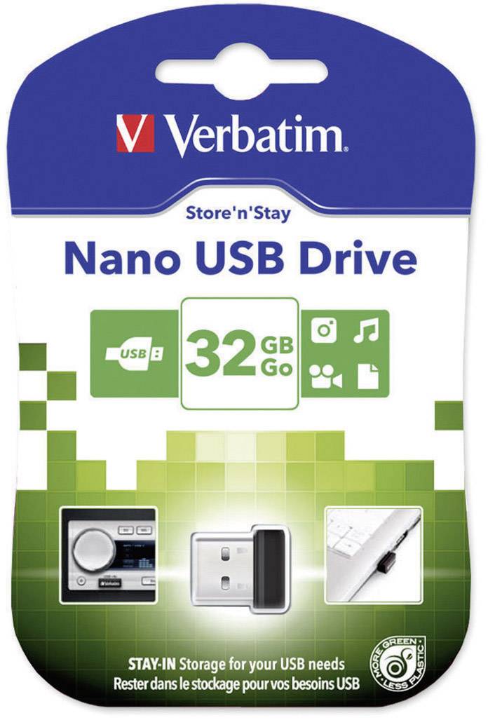 Verbatim Nano USB Drive, 32 GB, USB 2.0, suitable for images, videos, music. Small and portable, ideal for simple storage applications.