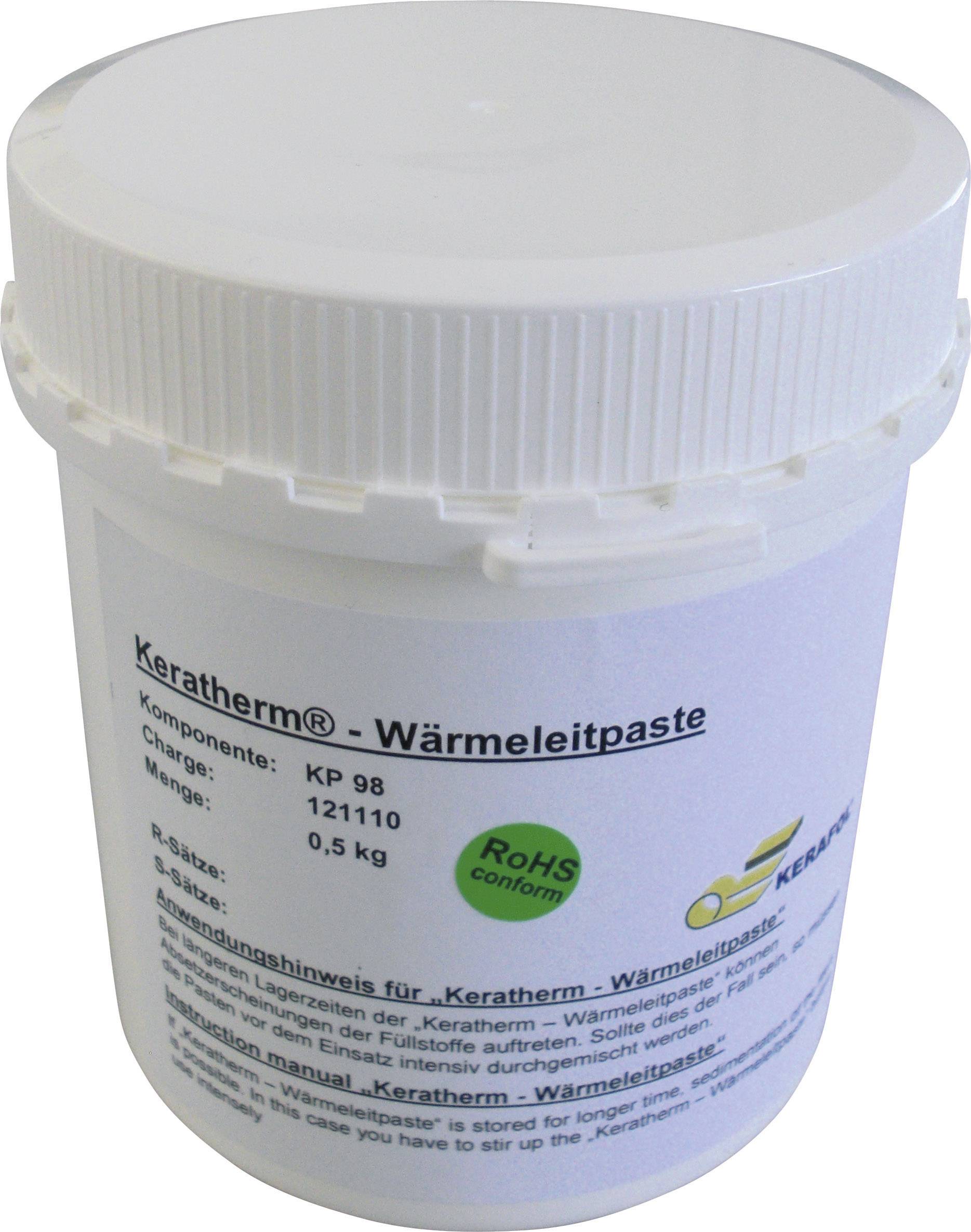 A white tin with the label 'Keratherm® – Thermal Paste', containing 0.5 kg. Product details and safety instructions printed on the surface.