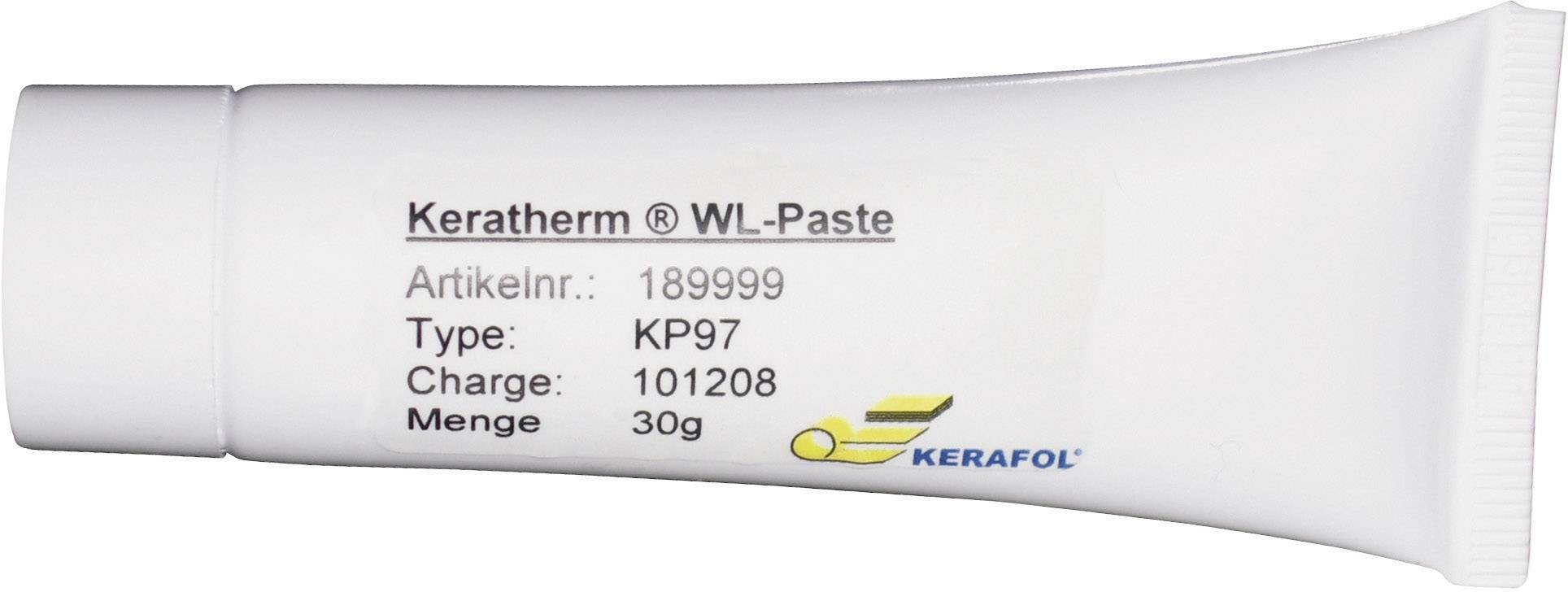 A tube labelled 'Keratherm® WL-Paste' with specifications including Article No.: 189999, Type: KP97, Batch: 101208, Quantity: 30g.