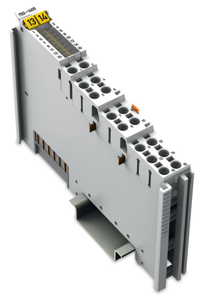 A grey electronic module for DIN rail mounting with multiple terminal blocks, labelled with the numbers '13' and '14'.