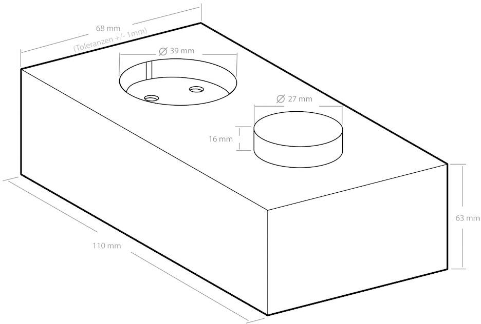 Technical drawing of a rectangular block with holes: On the left, a 39 mm diameter flange, on the right, a 27 mm recess.