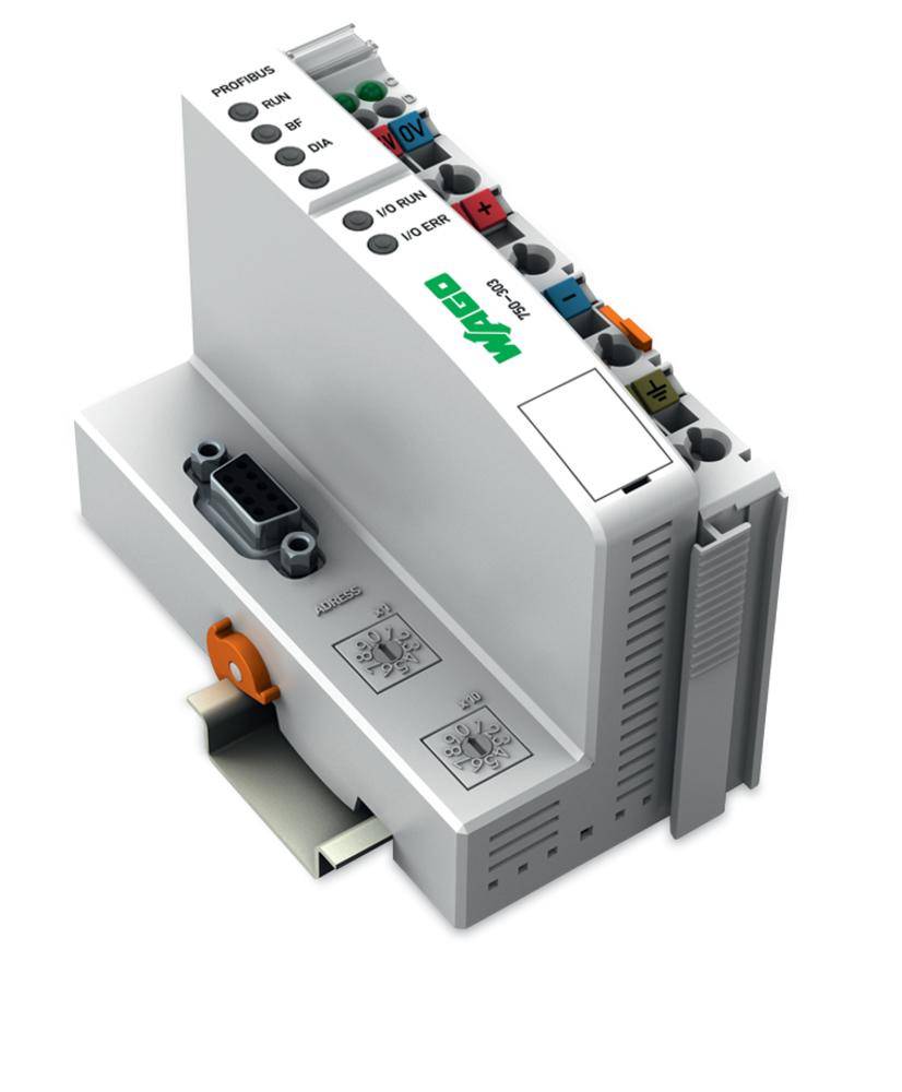 A white, electronic device with multiple ports and coloured switches. Marked with 'WAGO', likely a control module.