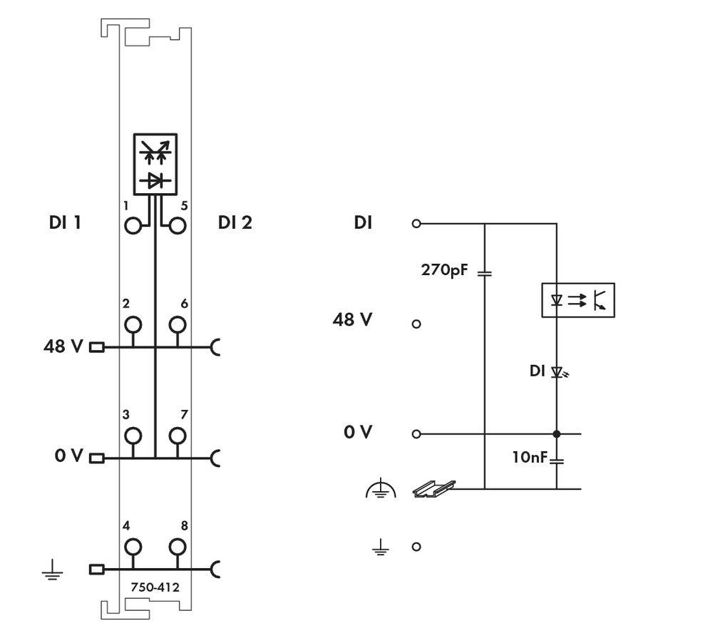 Circuit diagram with two inputs (DI 1, DI 2) at 48 V and 0 V. Mains symbol and capacitors (270pF, 10nF) are connected.
