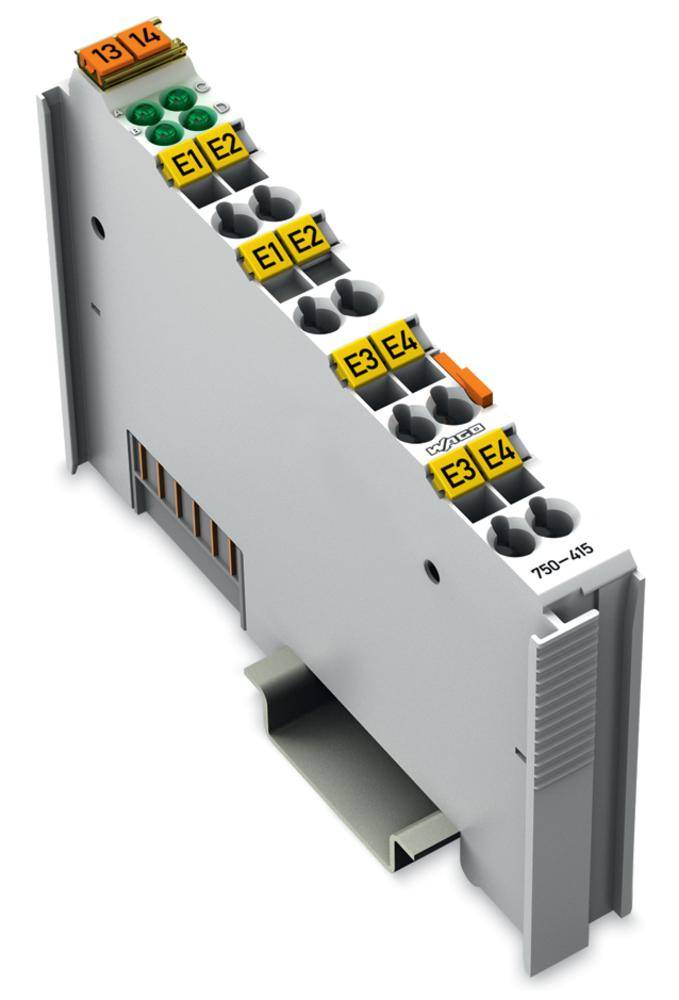 A grey module with multiple numbered ports (E1-E4, 13, 14) and an orange lever for controlling electrical connections.