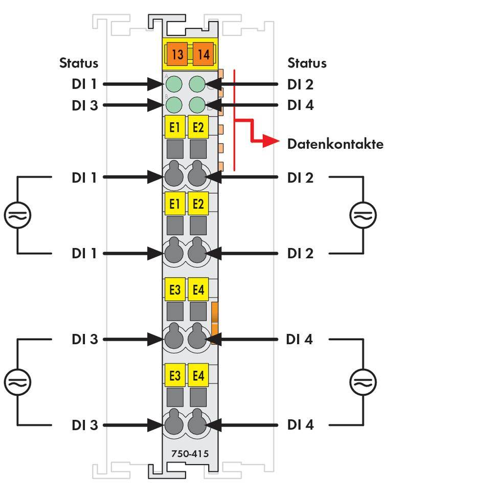 Diagram of a module with ten ports, rated with status indicators and data contacts. Tabular format shows input numbers and switching states.