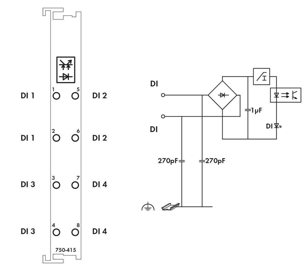 Circuit diagram for an electrical module, showing diodes, capacitors, and connections. Left: main module, right: circuit for DI connections.