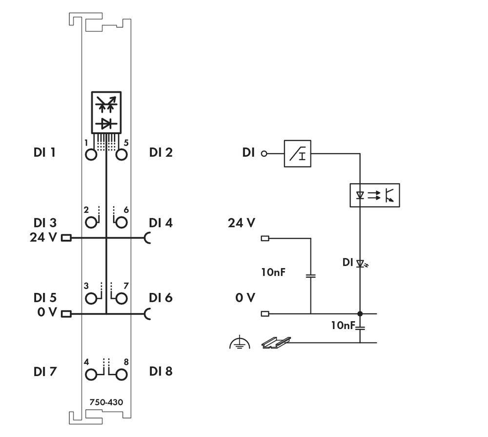Electrical circuit diagram with 8 digital inputs, showing diodes, resistors, and connections for 24 V and 0 V.