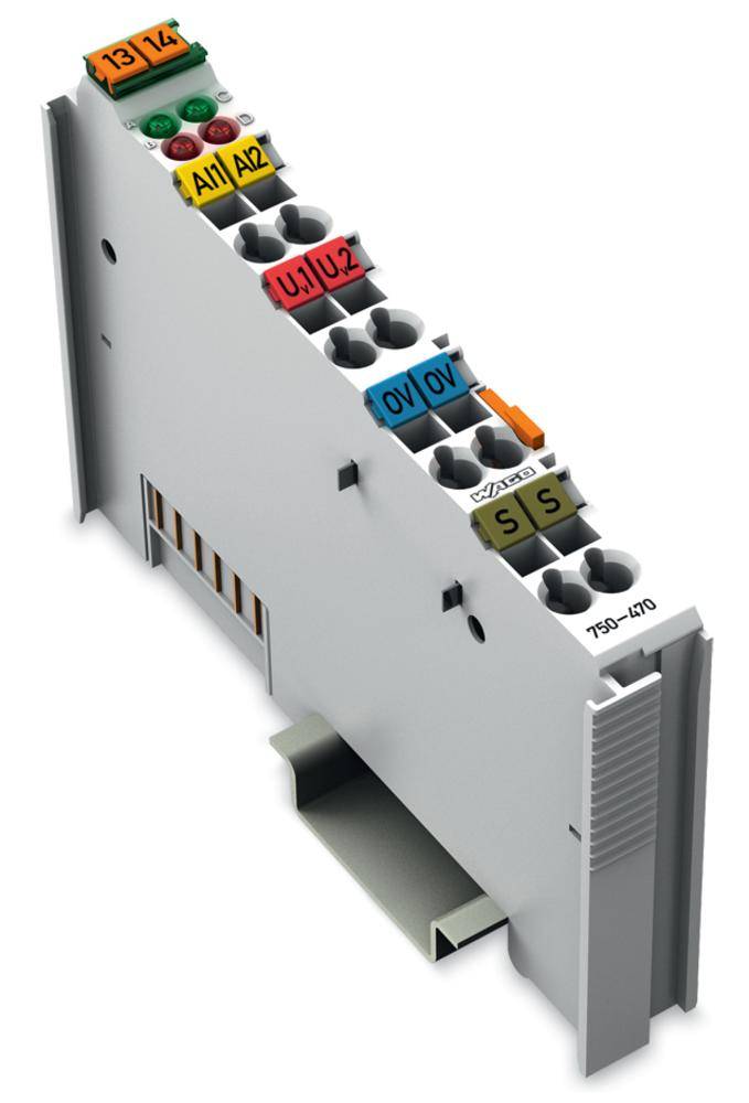 Module with coloured terminals and labels such as 'I1/I4', 'A1/A2', 'U1/U2'. It is used for electrical signal processing.