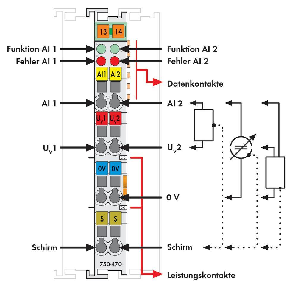 Diagram of an electrical circuit with functions of data and power contacts, indicating errors and protection symbols.