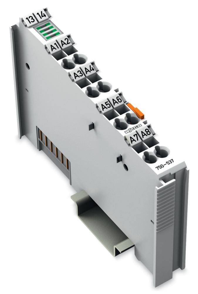 Terminal module with connections A1 to A6 and 13/14, suitable for mounting on a DIN rail, grey housing.