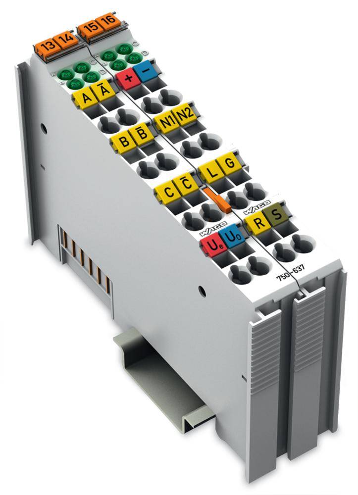 Electronic module with multiple colour-coded connections and numbers for wiring, mounted on a DIN rail.