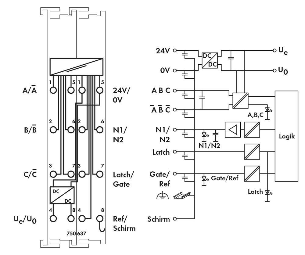 Circuit diagram for automation technology with logic modules, connections and switches for controlling voltage and signal flow.
