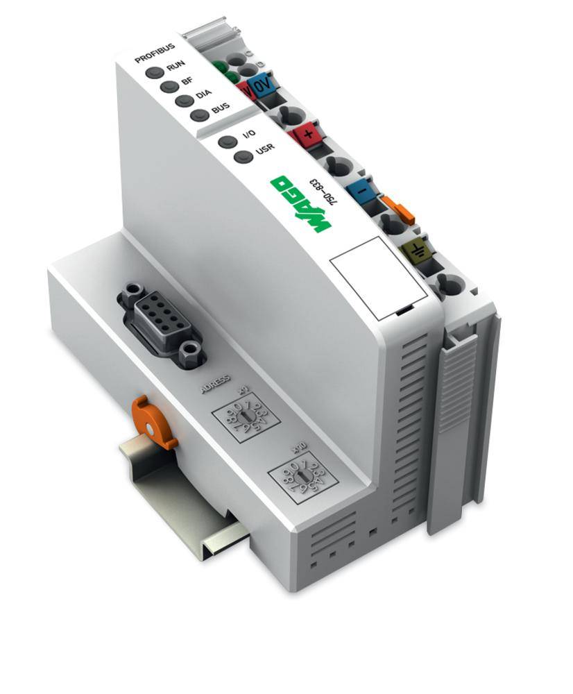 Wago automation device with multiple connections and plug connections. Product numbers and colour codes visible.