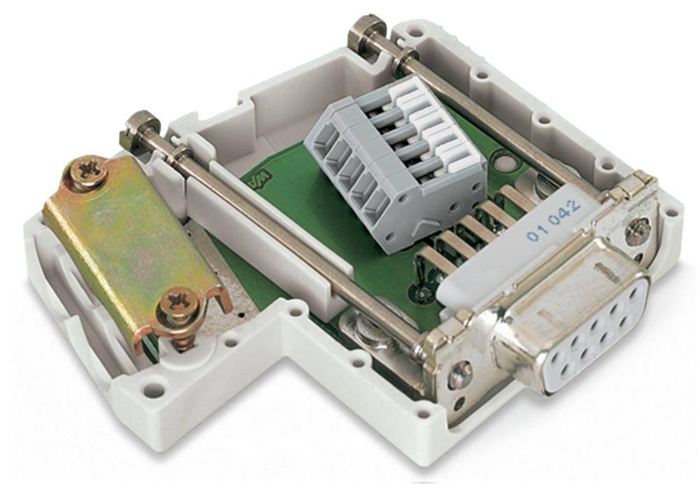 An open 9-pin D-sub connector housing with a green printed circuit board and connections for cable mounting.