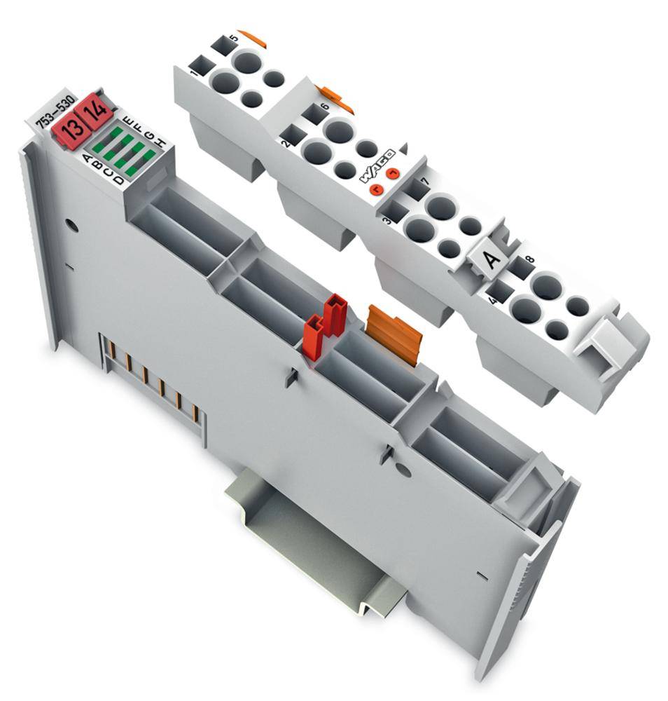 Electronic module for DIN rail mounting, grey housing, top view. Multiple terminals for electrical connections visible.