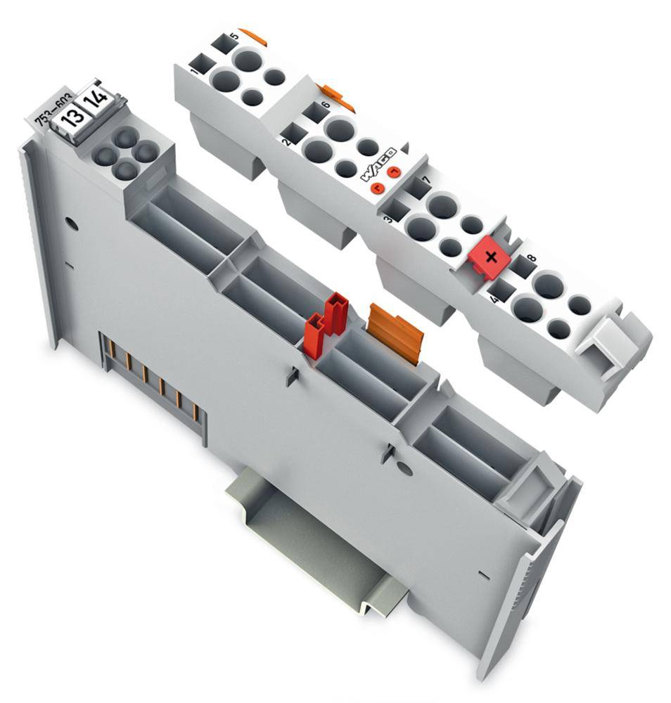 Electrical connection module with numbered terminals and colour codes. Application area: Industrial automation.