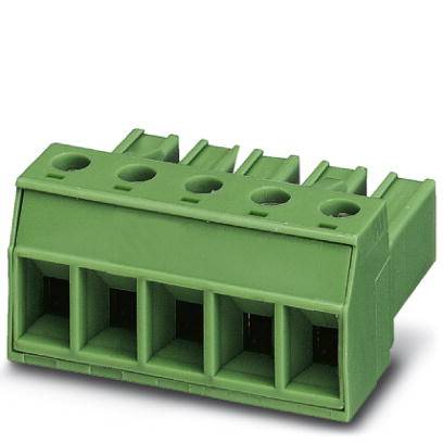 Green connector with five pins, typical for electronic applications for secure cable connection.