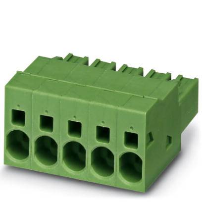 Green electrical connector with five pins, suitable for printed circuit board mounting in electronic devices.