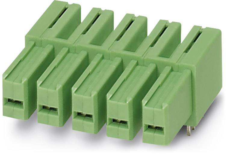 Green, five-pole printed circuit board connector, horizontally aligned, for electronic devices and circuits.